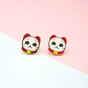 Handcrafted Manekineko Enamel Stud Earrings